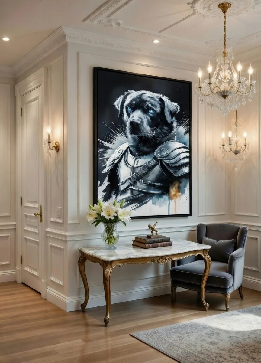 Tableau Canvas Chien Guerrier Portrait Labrador Noir Armure Art Mural Premium