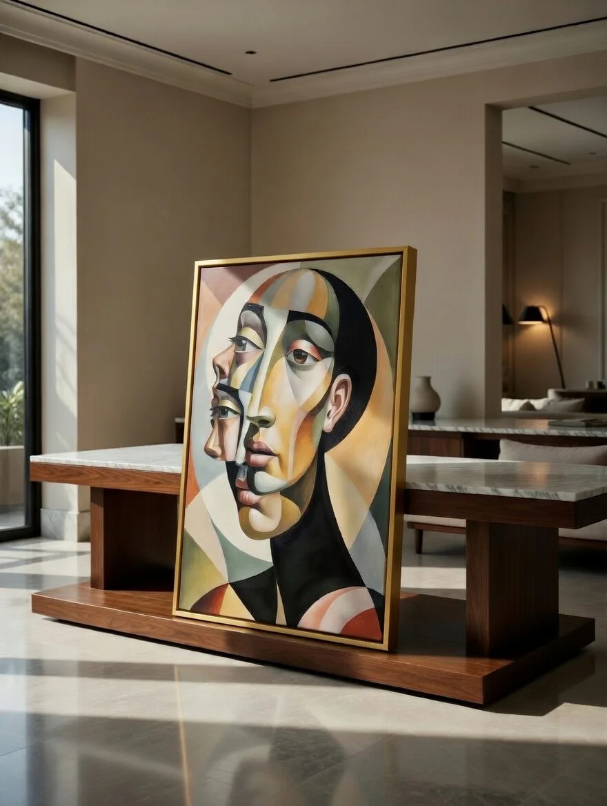 Tableau Canvas Portrait Cubiste Figuratif, Visages Superposés Tons Ocre & Vert