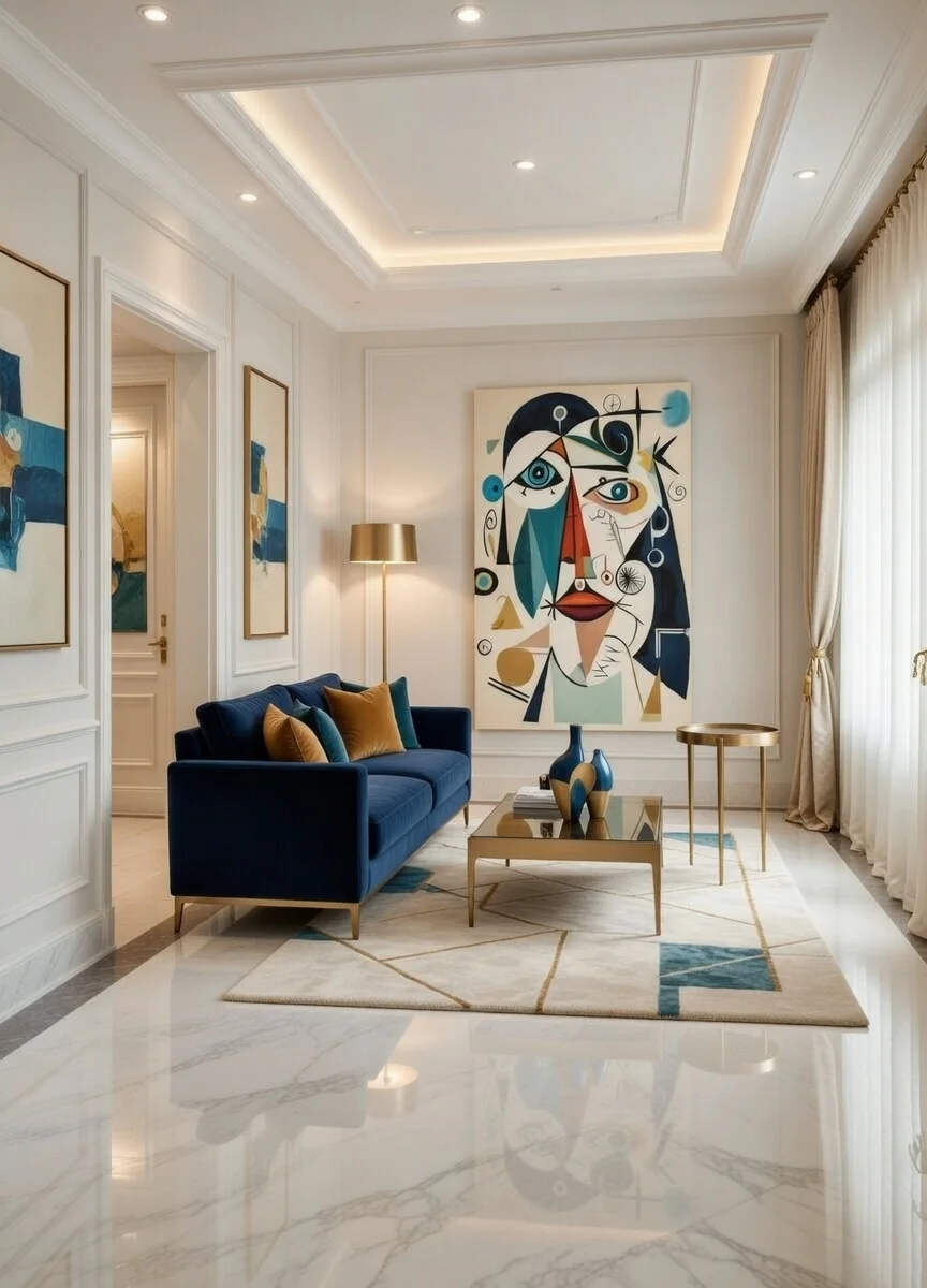 Toile Portrait Cubiste Abstrait Style Picasso – Bleu Rouge Doré