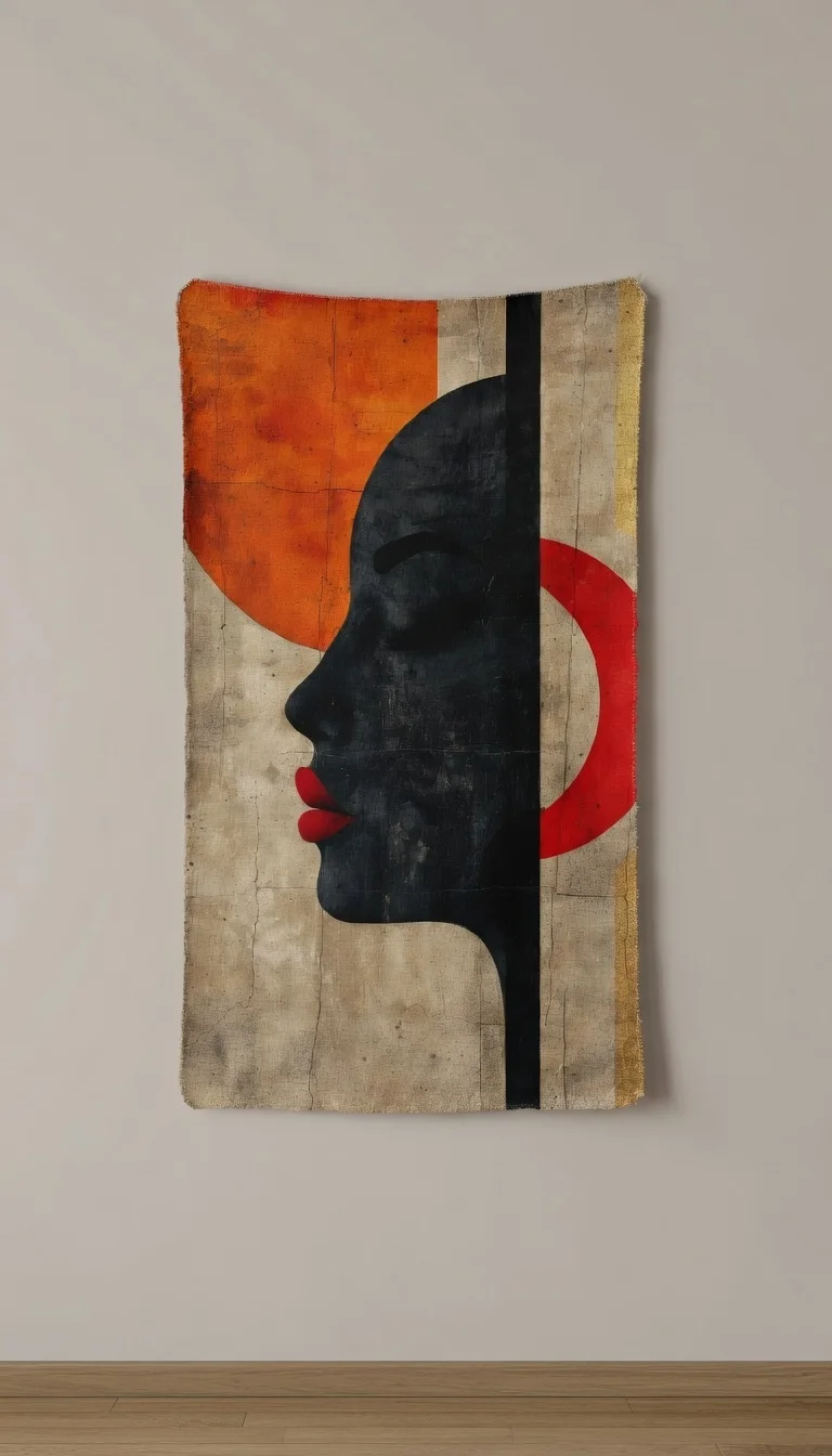 Tableau Canvas Abstrait Portrait Féminin Noir, Orange & Rouge, Art Moderne