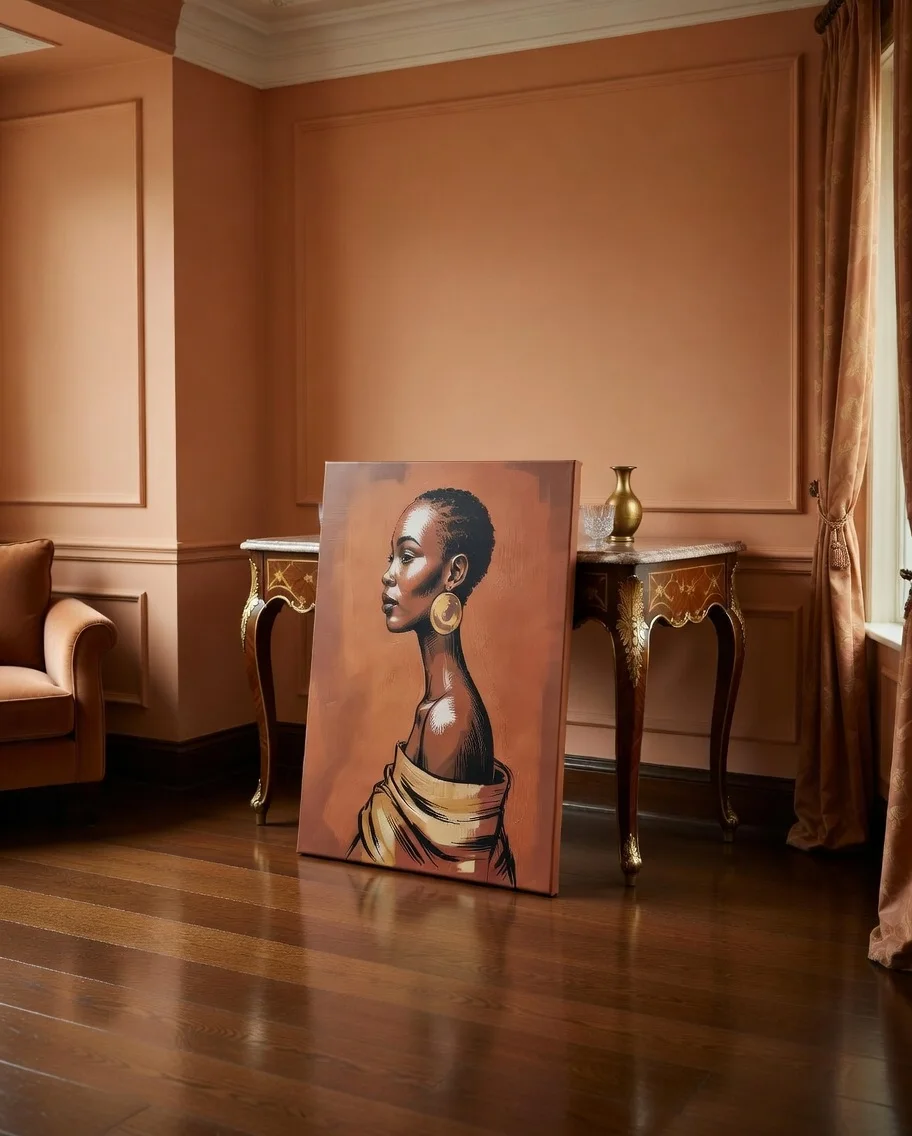 Tableau Canvas Portrait Femme Africaine Art Figuratif Élégant Tons Terre