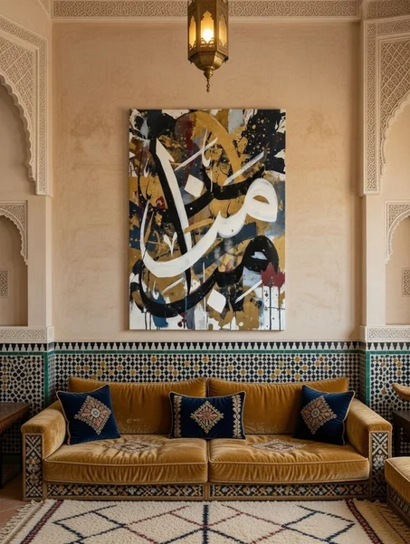 Tableau calligraphie arabe blanc or, Street art islamique urbain moderne.