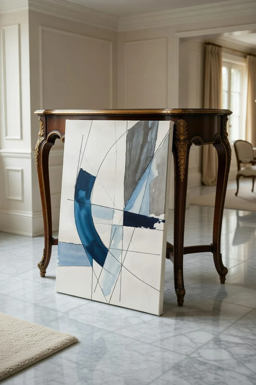 Tableau Canvas Abstrait Géométrique Bleu Marine, Gris & Blanc