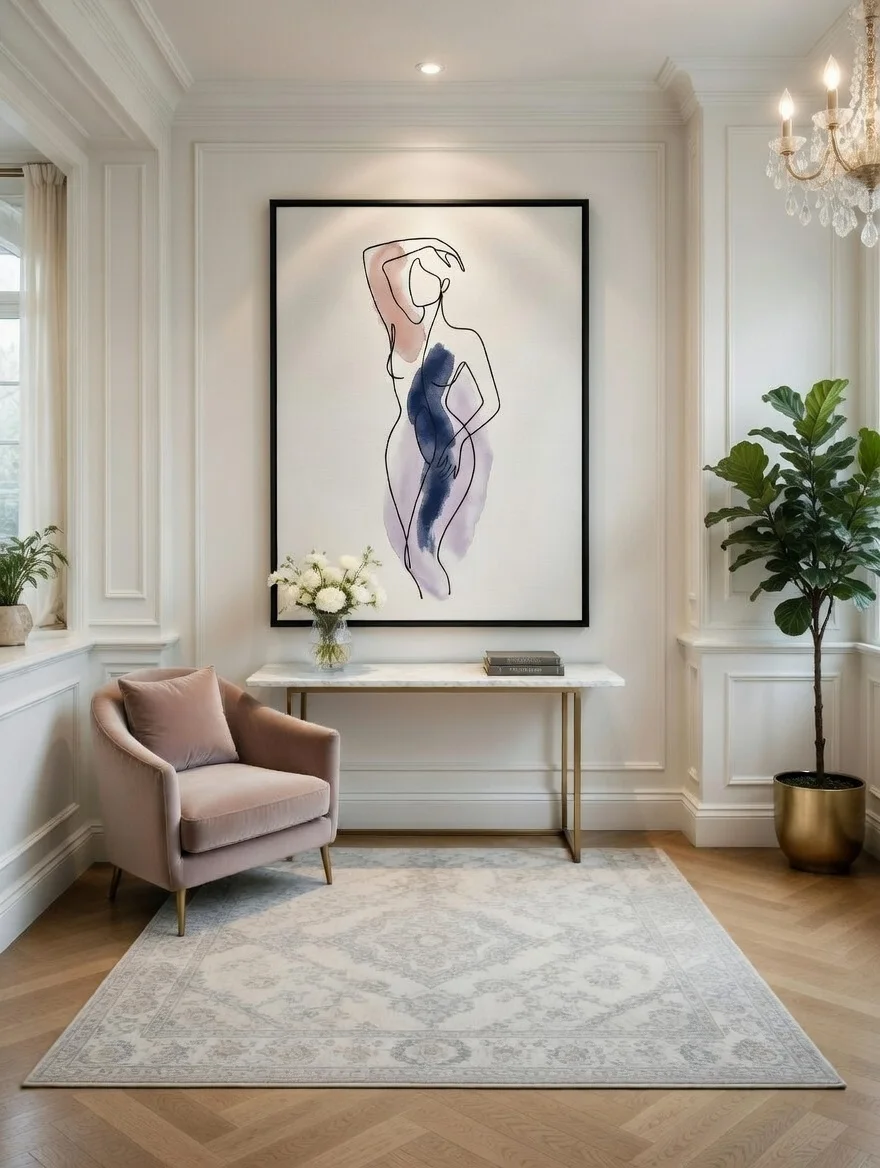 Tableau Canvas Silhouette Féminine Aquarelle Bleu Marine Mauve