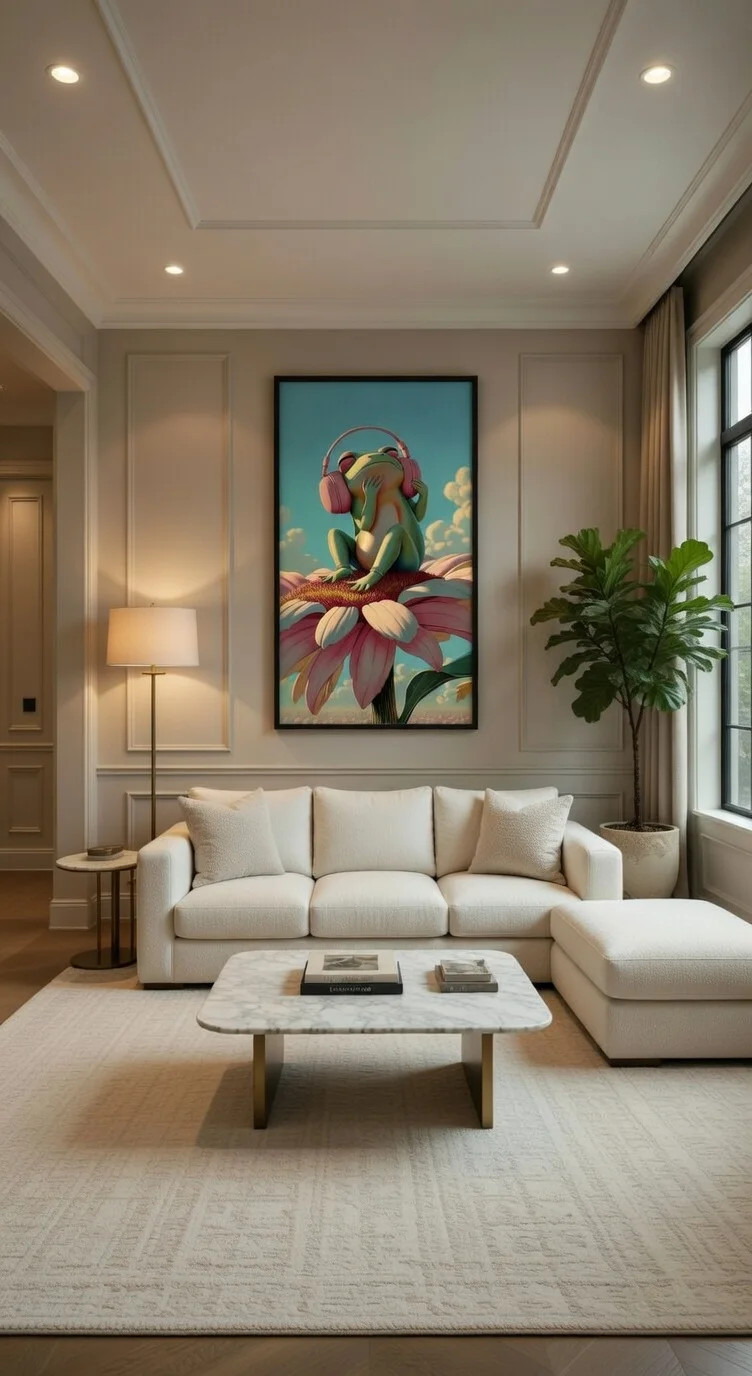 Poster Moderne Grenouille Casque Fleur Art Lofi Pastel