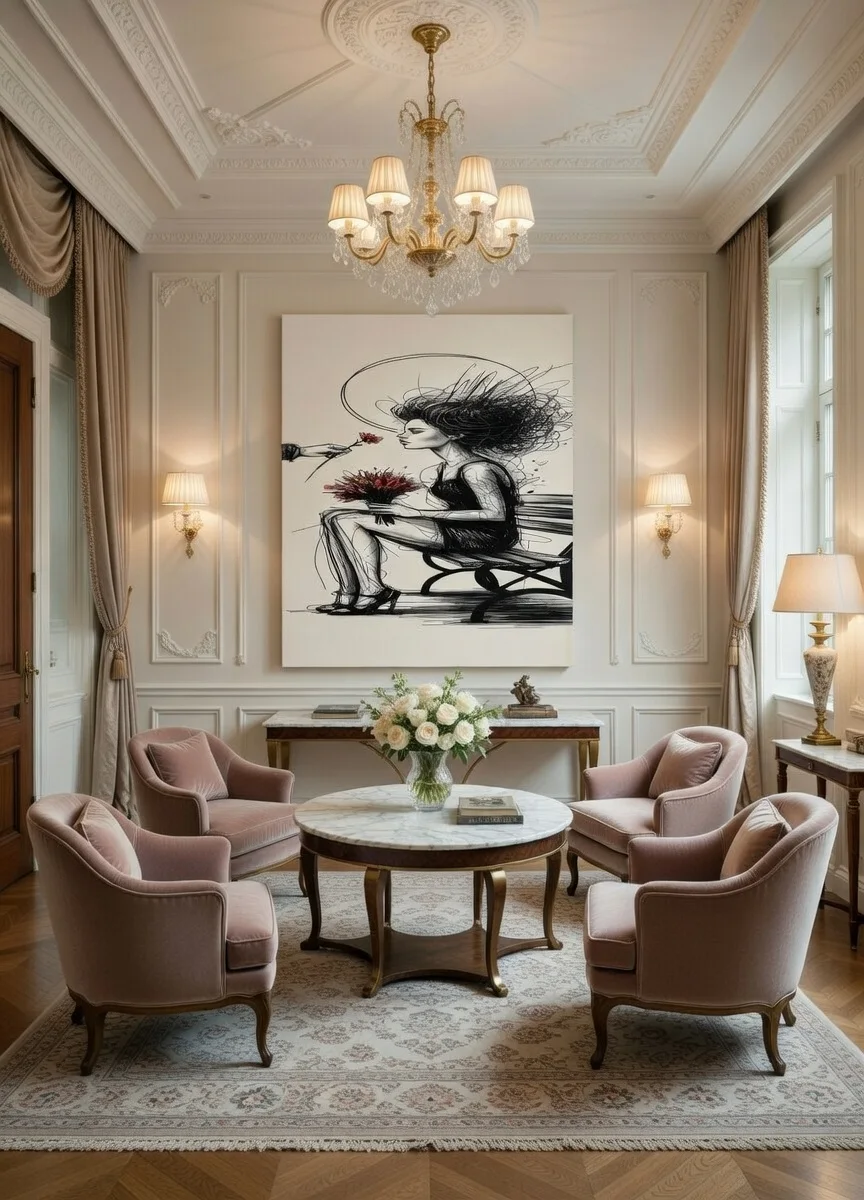 Tableau Canvas Femme Élégante au Bouquet Dessin Encre Noir & Rouge