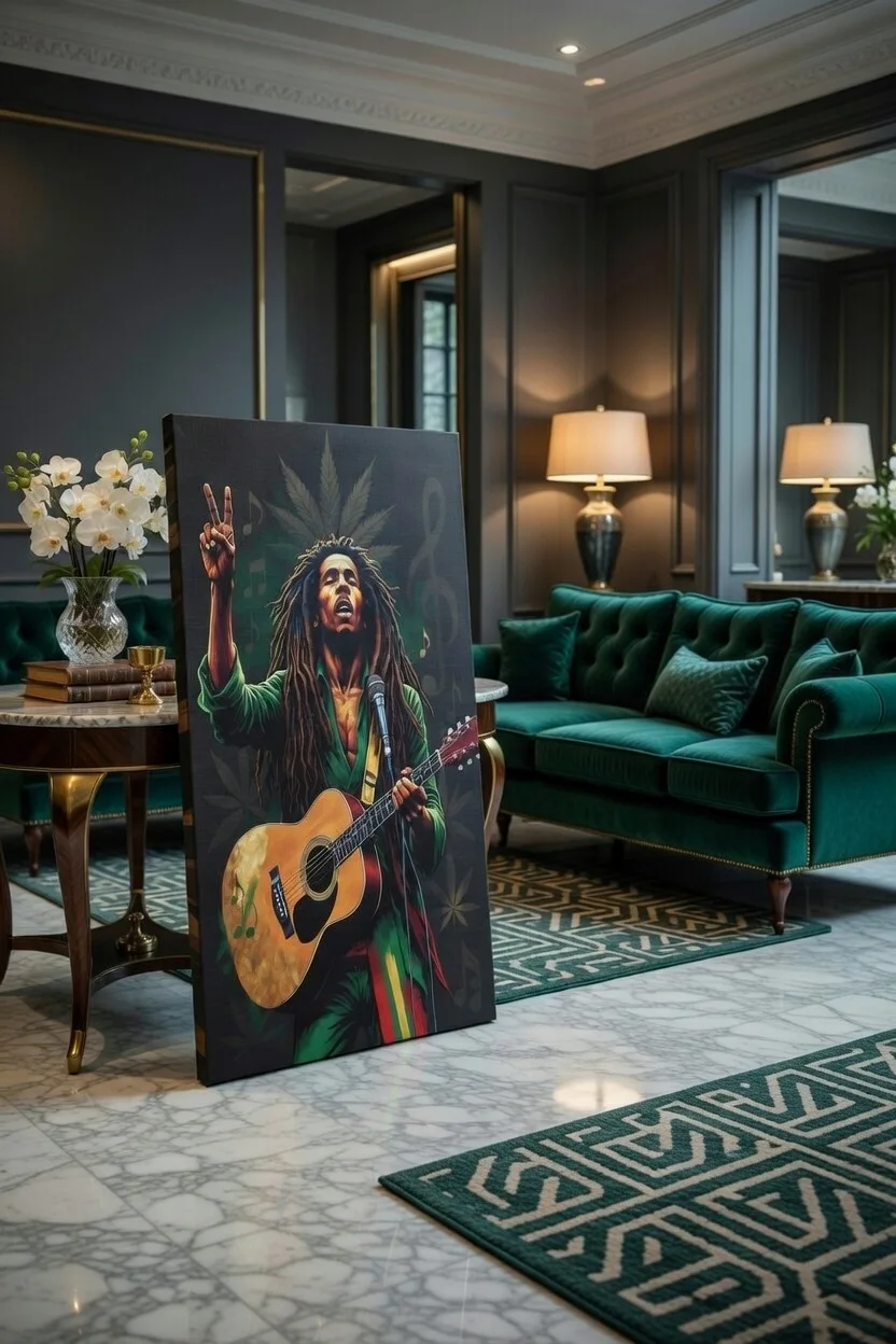 Tableau Canvas Reggae Musicien Rasta Art Mural Bob Marley Vert & Or