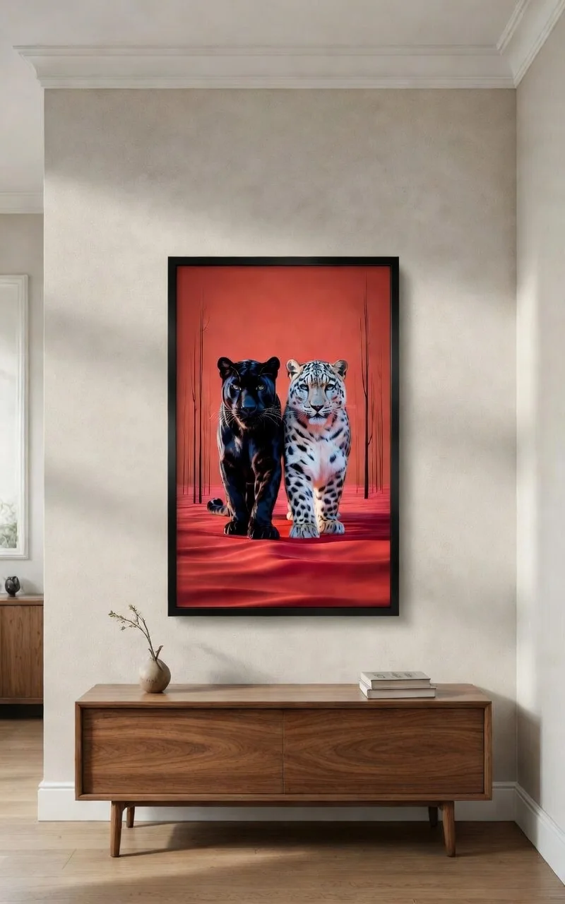 Poster Panthère Noire & Léopard Blanc, Art Animalier Rouge