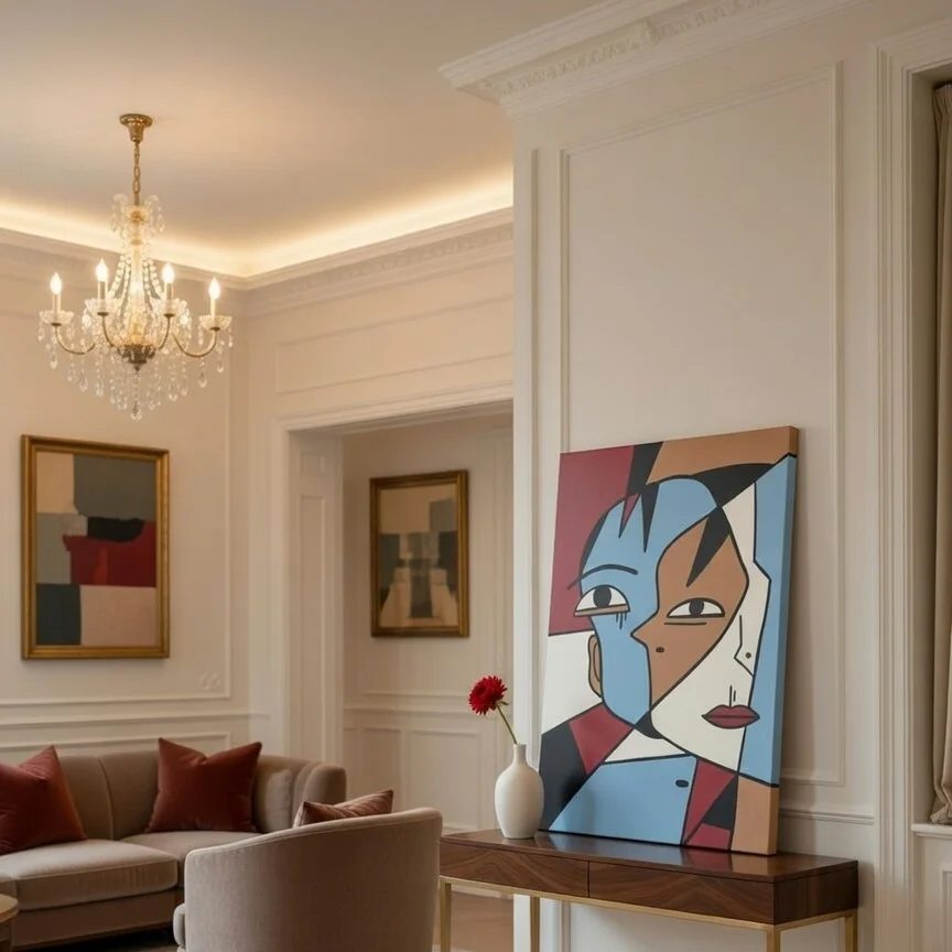 Tableau visage cubiste bleu ciel et rouge, Portrait abstrait style Picasso.