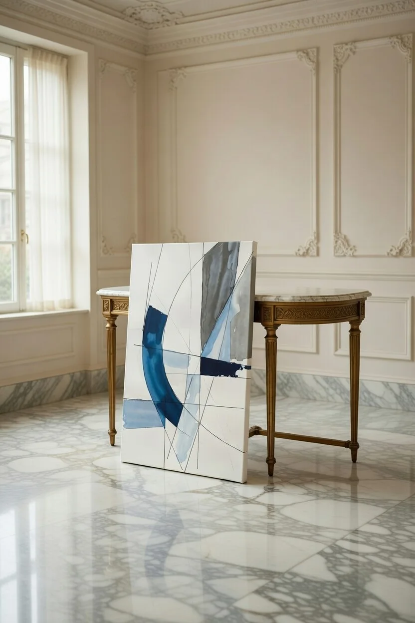 Tableau Canvas Abstrait Géométrique Bleu Marine, Gris & Blanc