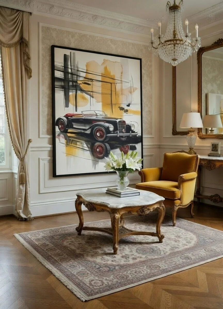 Tableau Canvas Cabriolet Vintage Noir Rouge Art Abstrait Or