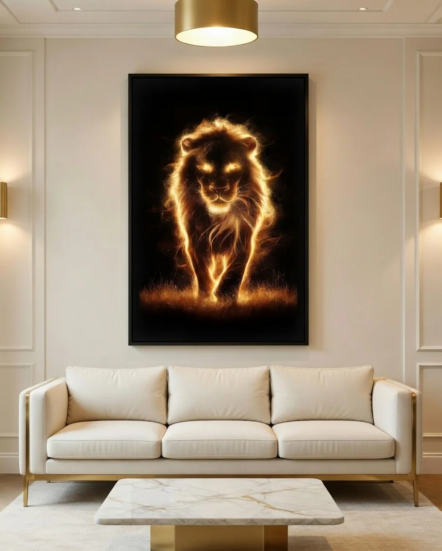 Poster Lion de Feu Doré, Décoration Murale Luxe Noir et Or