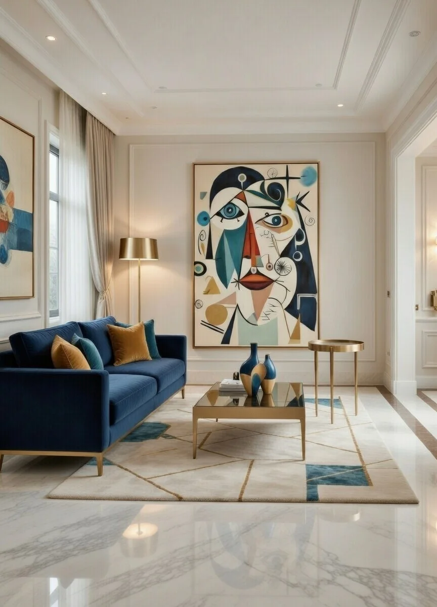 Toile Portrait Cubiste Abstrait Style Picasso – Bleu Rouge Doré