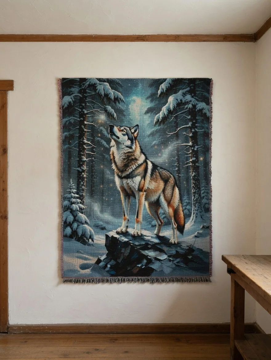 Tableau Canvas Loup Forêt Enneigée  Art Animalier Bleu Nuit