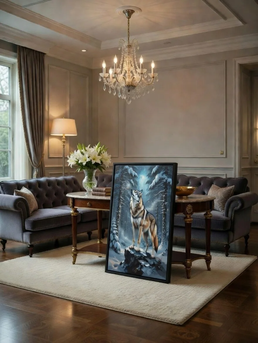 Tableau Canvas Loup Forêt Enneigée  Art Animalier Bleu Nuit