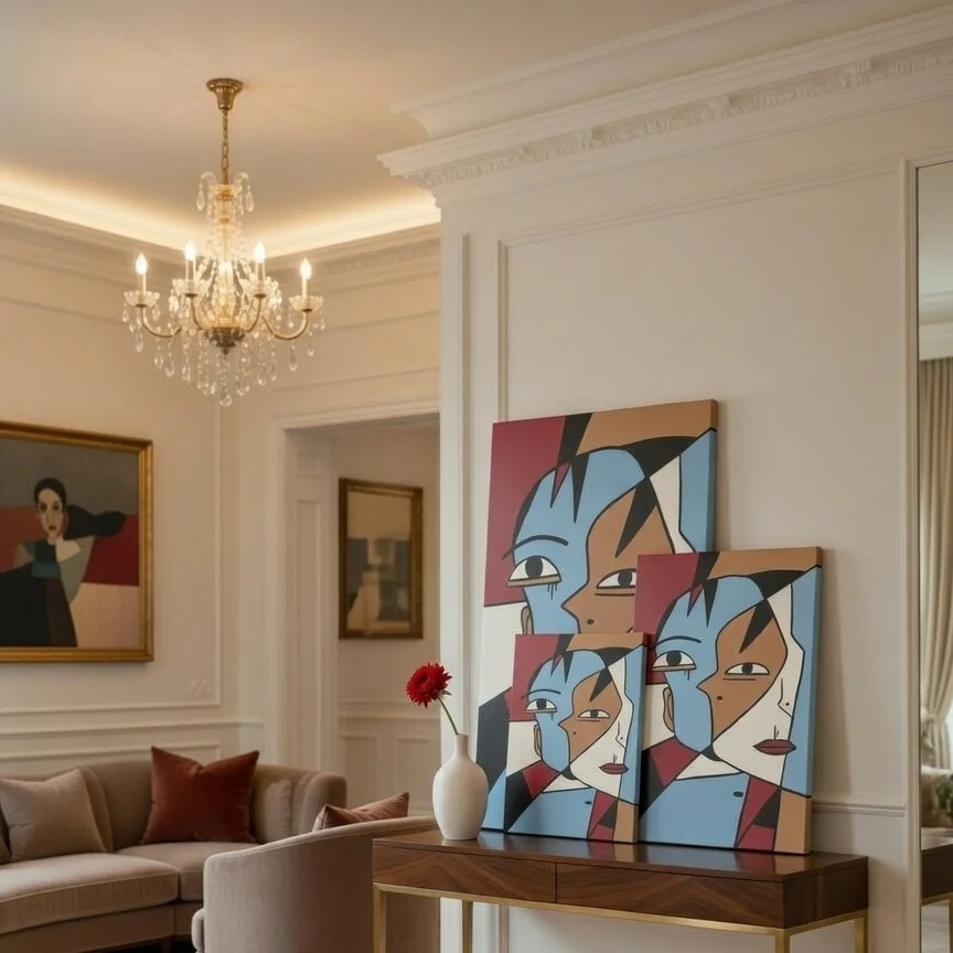 Tableau visage cubiste bleu ciel et rouge, Portrait abstrait style Picasso.