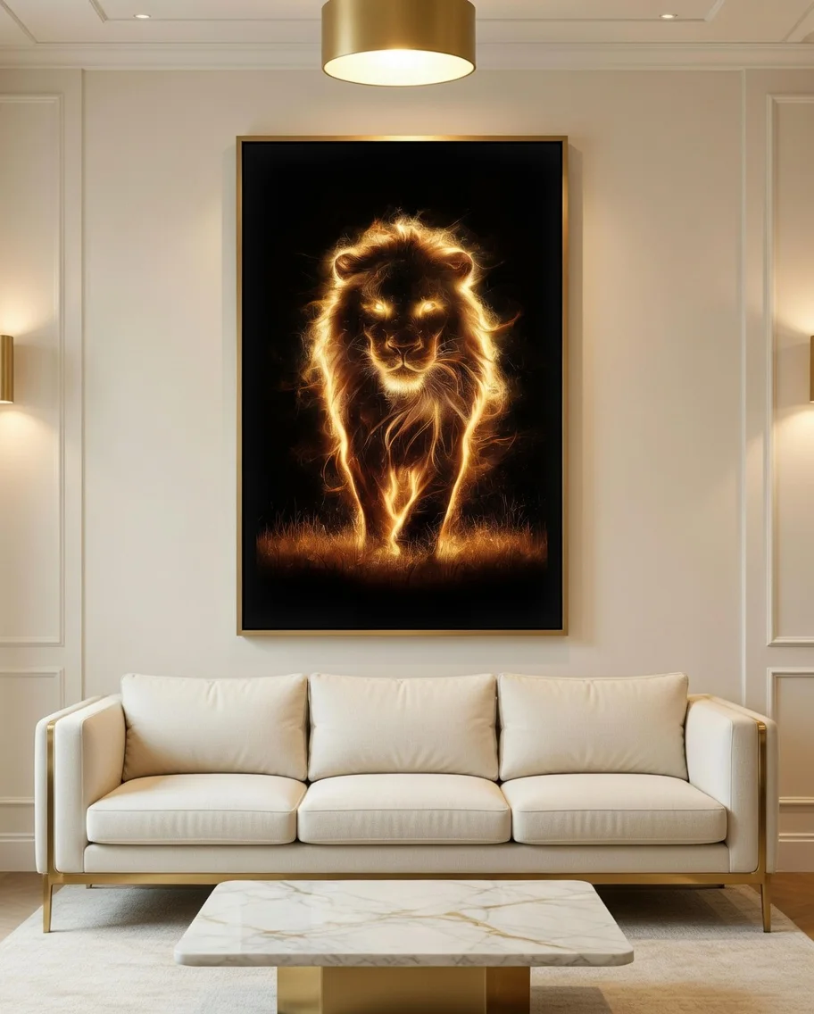Poster Lion de Feu Doré, Décoration Murale Luxe Noir et Or