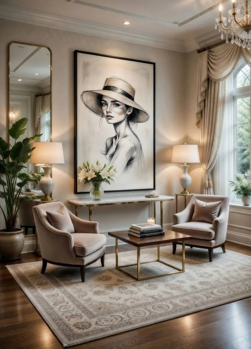 Tableau Canvas Femme au Chapeau Art Moderne Élégant Noir & Or