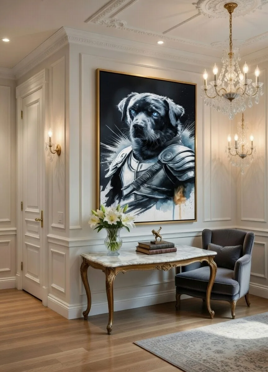 Tableau Canvas Chien Guerrier Portrait Labrador Noir Armure Art Mural Premium