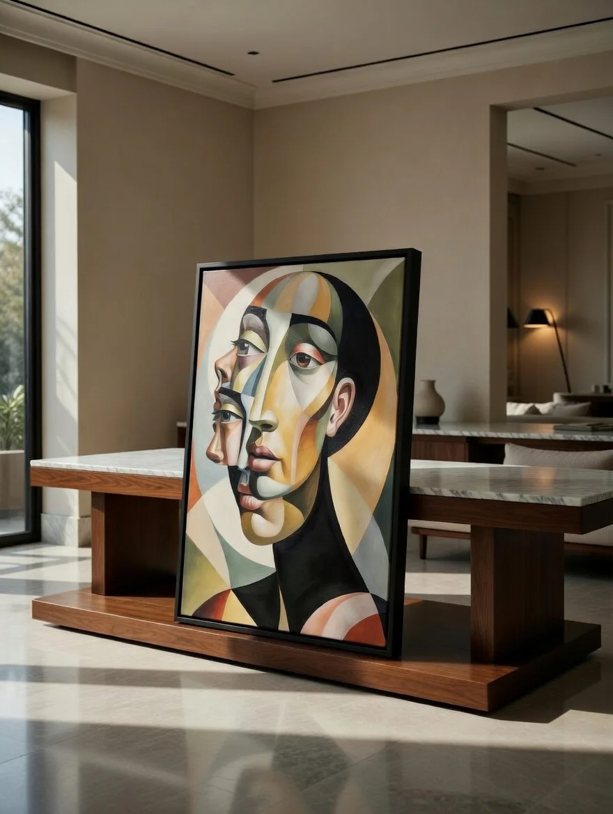 Tableau Canvas Portrait Cubiste Figuratif, Visages Superposés Tons Ocre & Vert