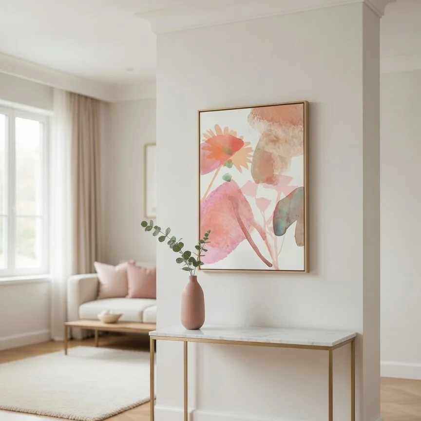 Tableau floral aquarelle rose pêche, Botanique abstrait doux féminin chic.