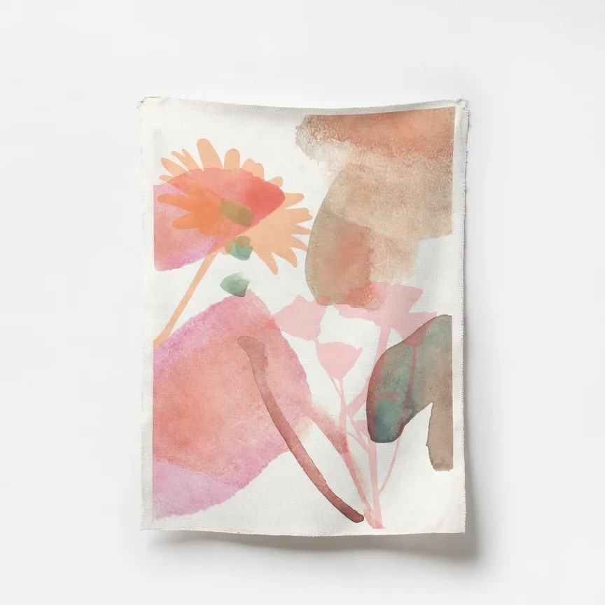 Tableau floral aquarelle rose pêche, Botanique abstrait doux féminin chic.