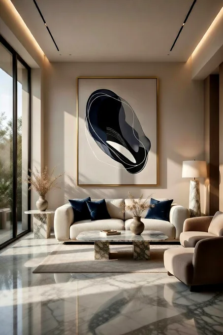 Tableau Canvas Abstrait Minimaliste Noir & Beige, Forme Organique Épurée