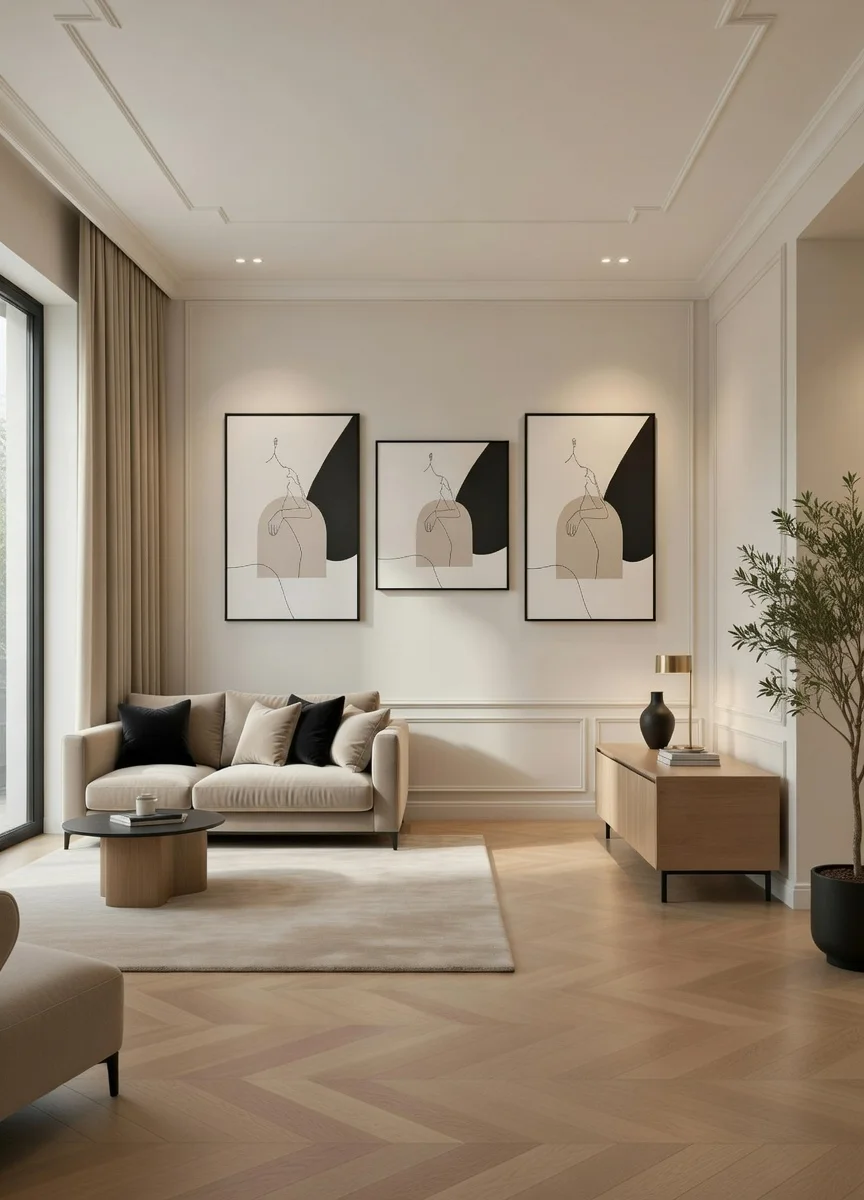 Toile Line Art Femme Minimaliste Beige Noir, Style Boho Chic.