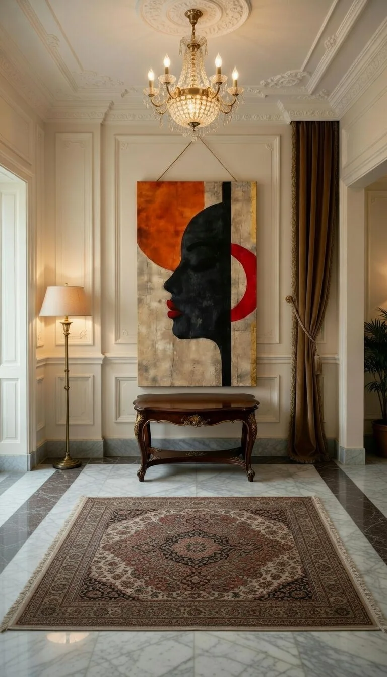 Tableau Canvas Abstrait Portrait Féminin Noir, Orange & Rouge, Art Moderne