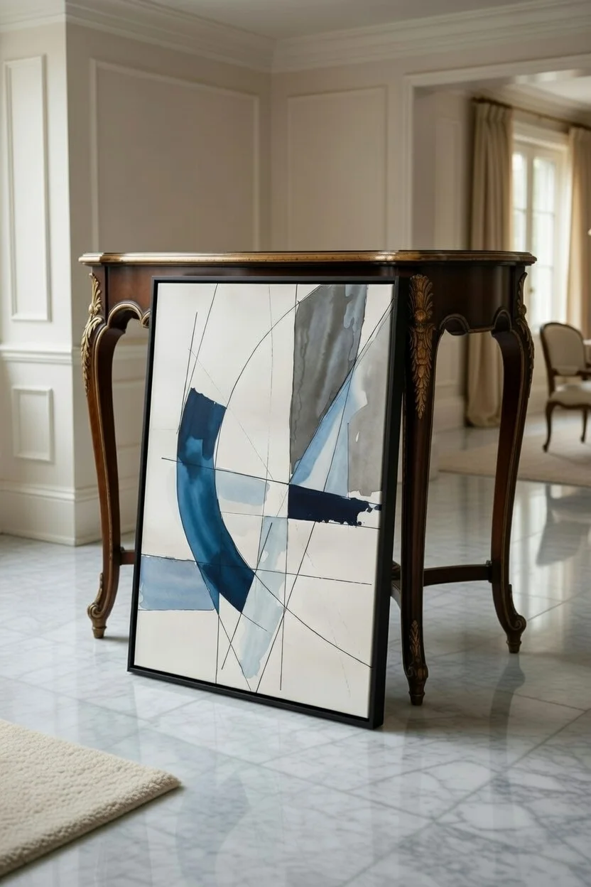 Tableau Canvas Abstrait Géométrique Bleu Marine, Gris & Blanc