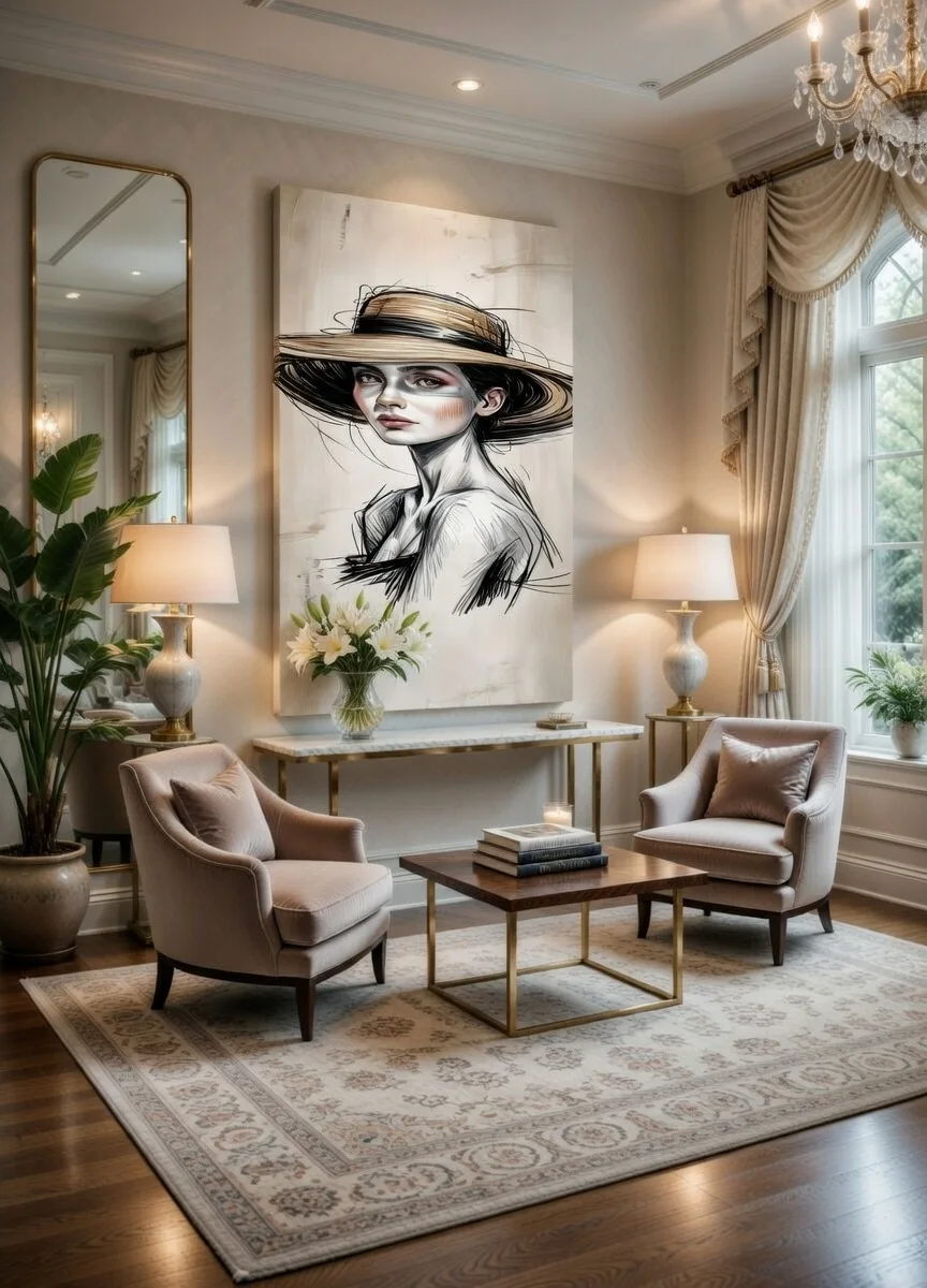 Tableau Canvas Femme au Chapeau Art Moderne Élégant Noir & Or