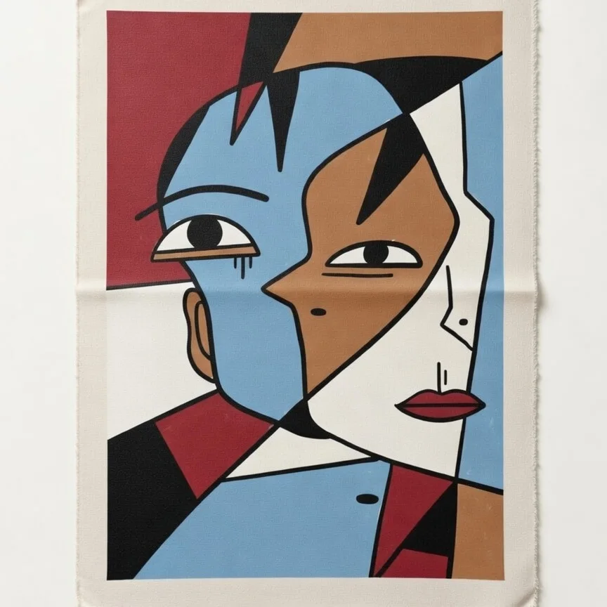 Tableau visage cubiste bleu ciel et rouge, Portrait abstrait style Picasso.