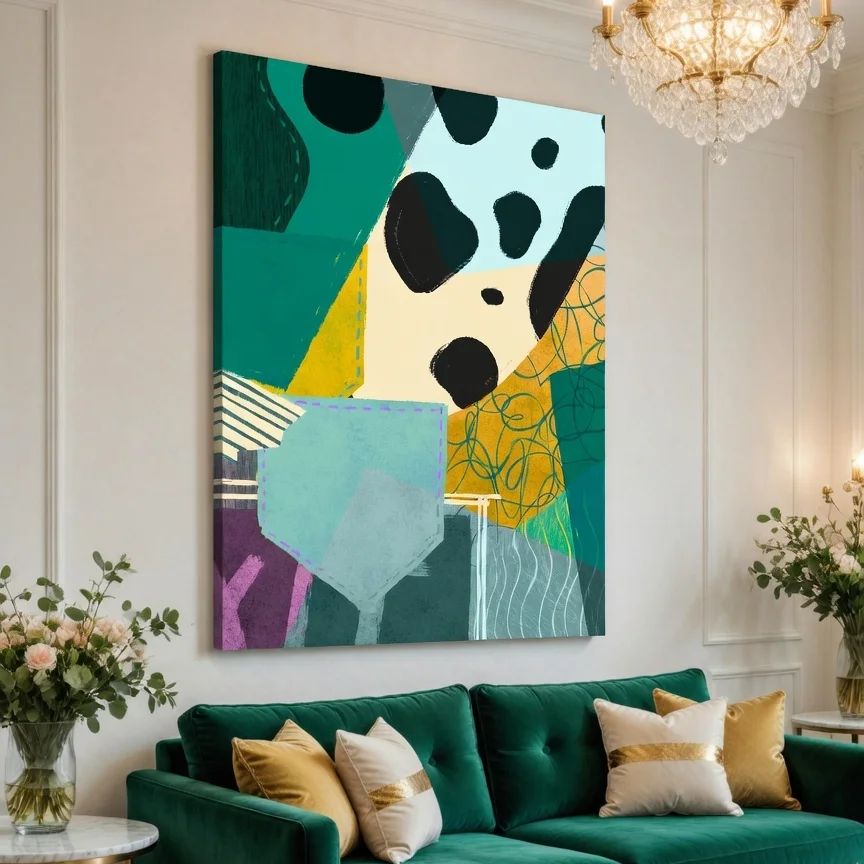 Tableau abstrait vert ocre – Collage géométrique art contemporain.