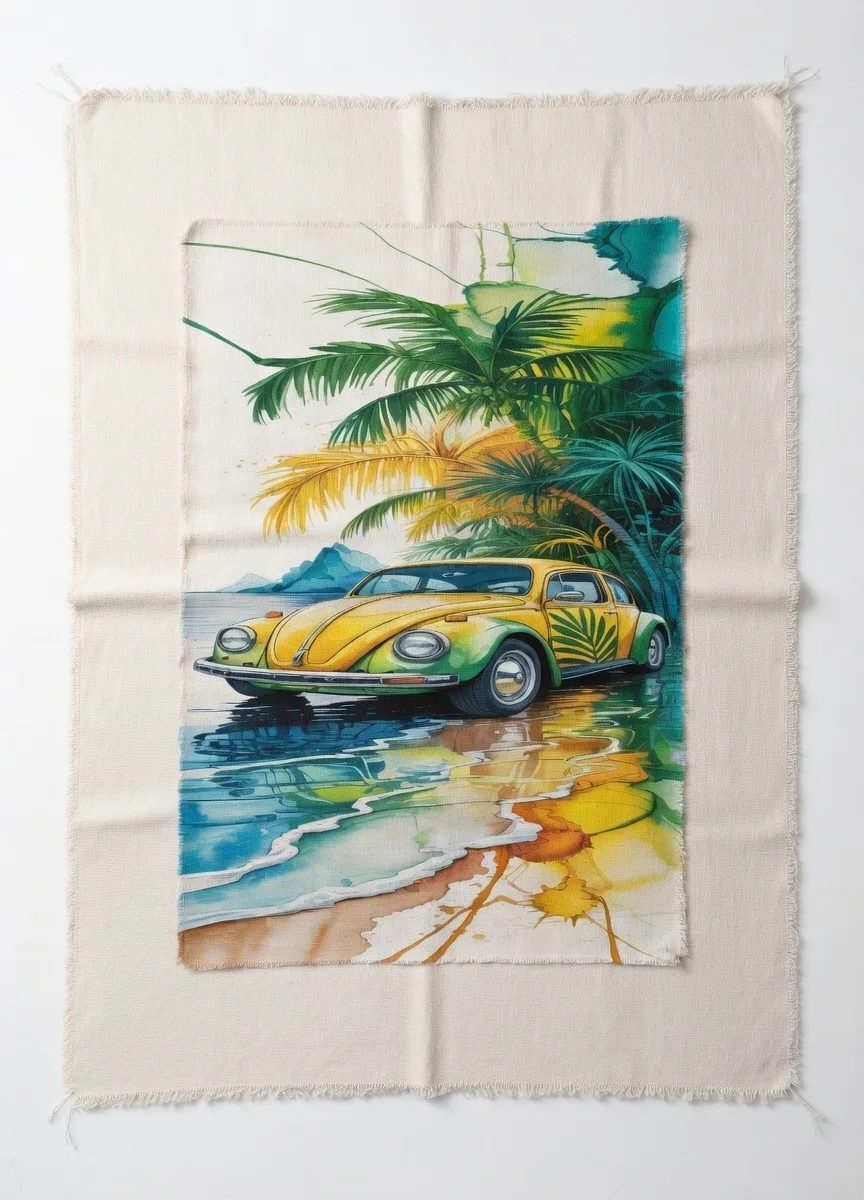 Tableau Canvas VW Coccinelle Vintage Plage Tropicale, Jaune & Vert
