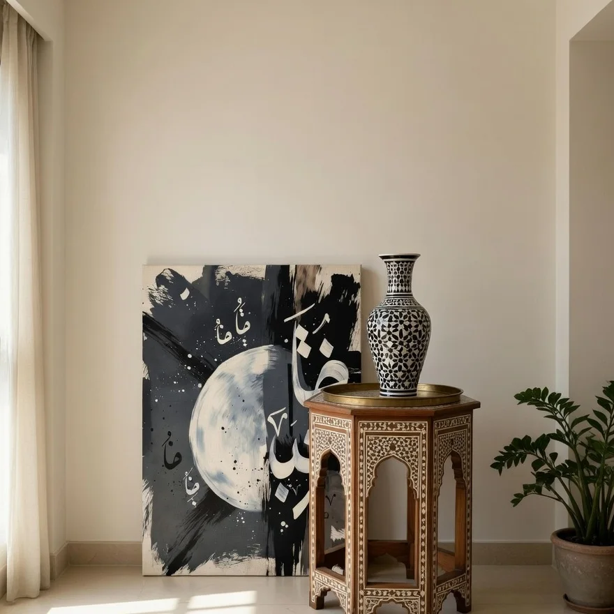 Tableau calligraphie arabe lune noir blanc, Art islamique poétique nuit.