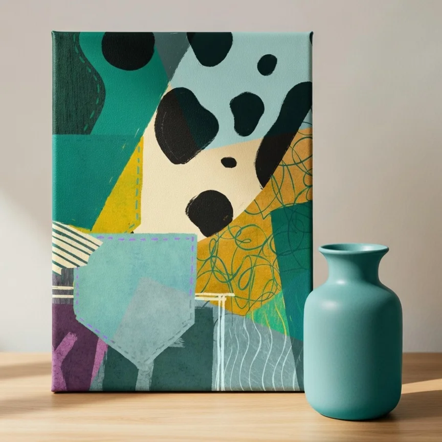 Tableau abstrait vert ocre – Collage géométrique art contemporain.