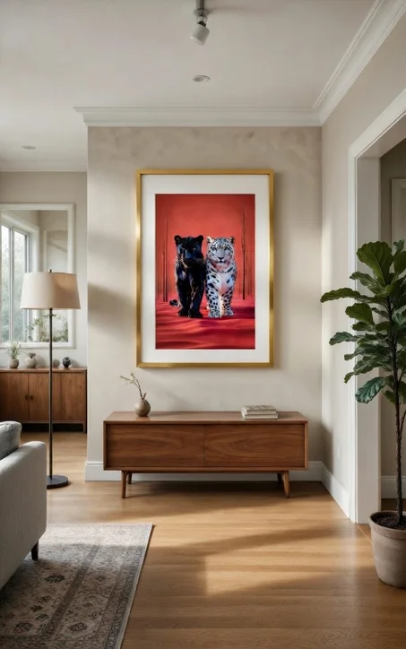 Poster Panthère Noire & Léopard Blanc, Art Animalier Rouge