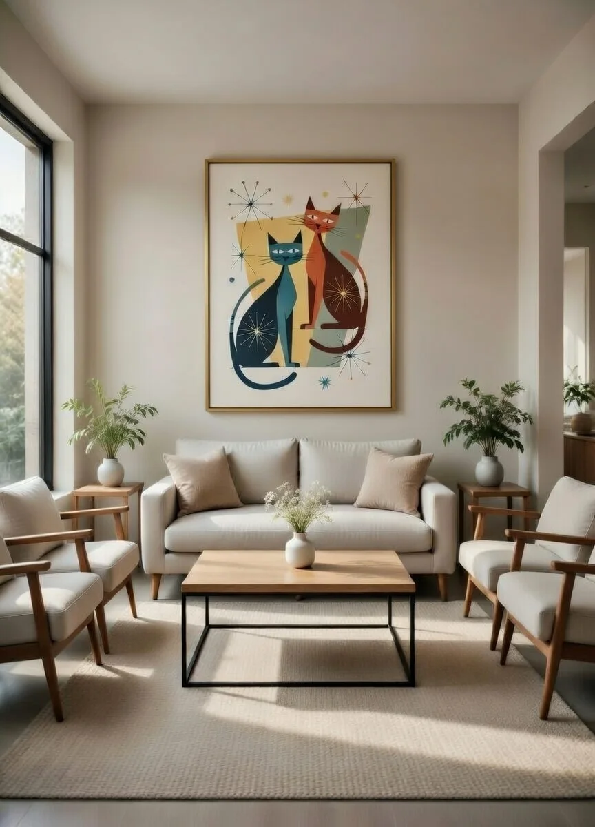 Tableau Chats Rétro Mid-Century Esprit urbain, Art Félin Vintage