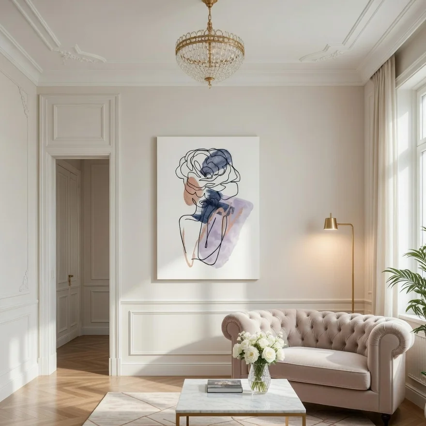 Toile Femme Line Art Aquarelle Bleu Rose, décor Minimaliste moderne.