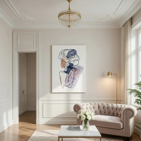 Toile Femme Line Art Aquarelle Bleu Rose, décor Minimaliste moderne.