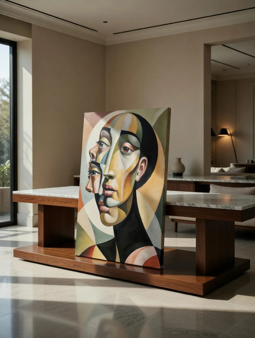 Tableau Canvas Portrait Cubiste Figuratif, Visages Superposés Tons Ocre & Vert