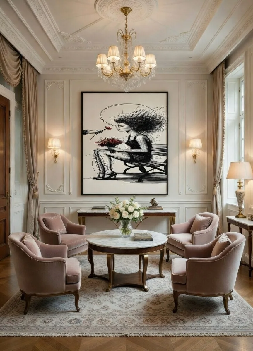 Tableau Canvas Femme Élégante au Bouquet Dessin Encre Noir & Rouge