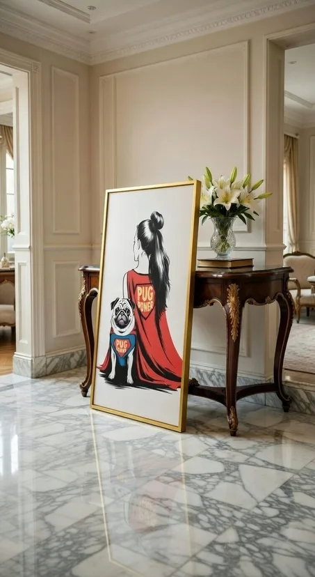 Tableau Canvas Pug Power Femme & Carlin Superhéros, Art Pop Humour