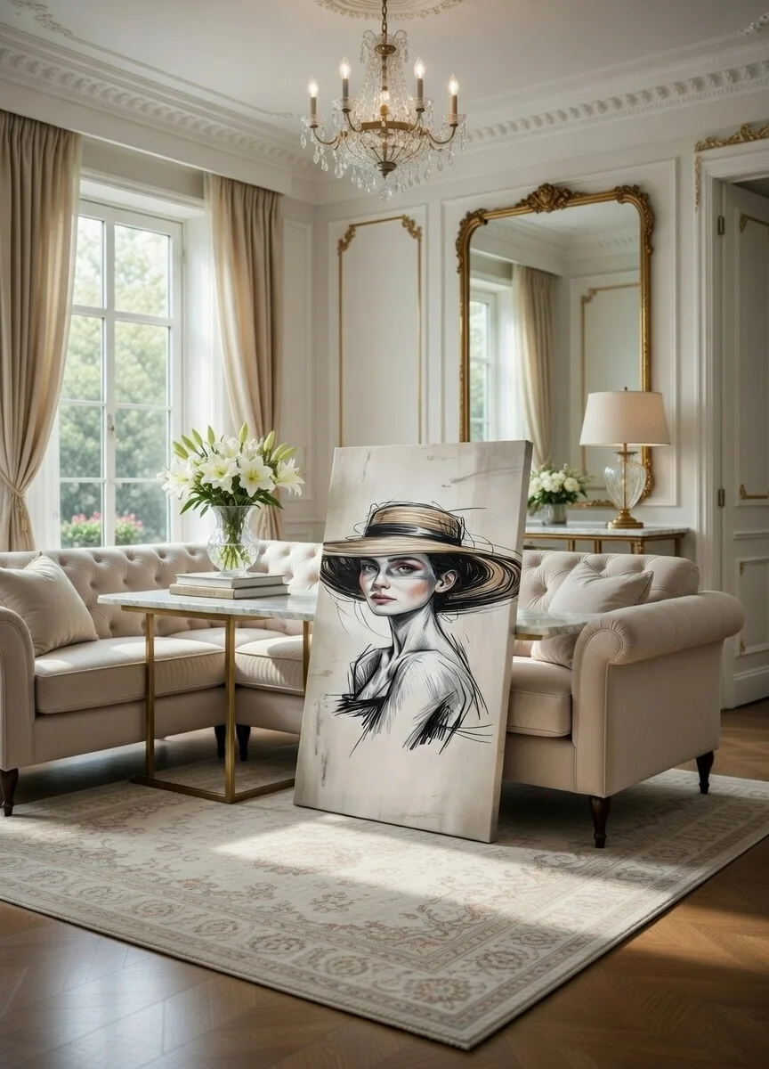 Tableau Canvas Femme au Chapeau Art Moderne Élégant Noir & Or