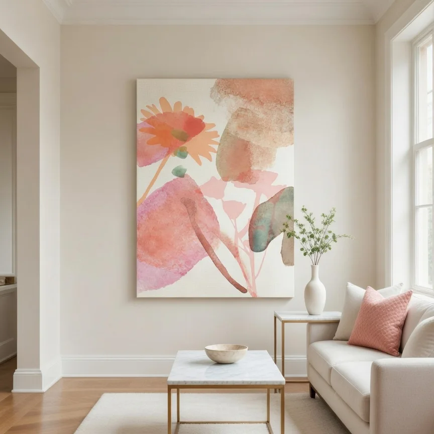 Tableau floral aquarelle rose pêche, Botanique abstrait doux féminin chic.