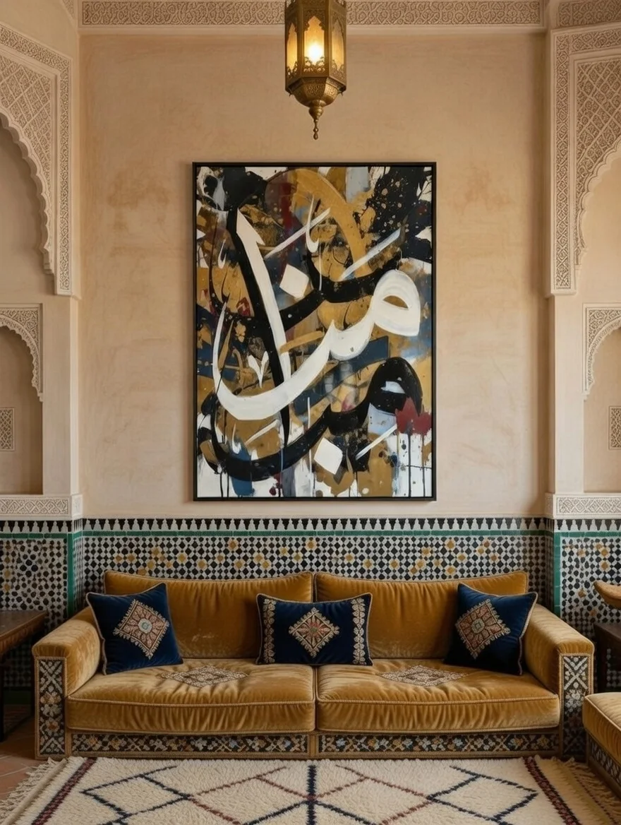 Tableau calligraphie arabe blanc or, Street art islamique urbain moderne.