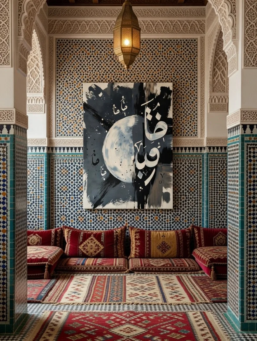 Tableau calligraphie arabe lune noir blanc, Art islamique poétique nuit.