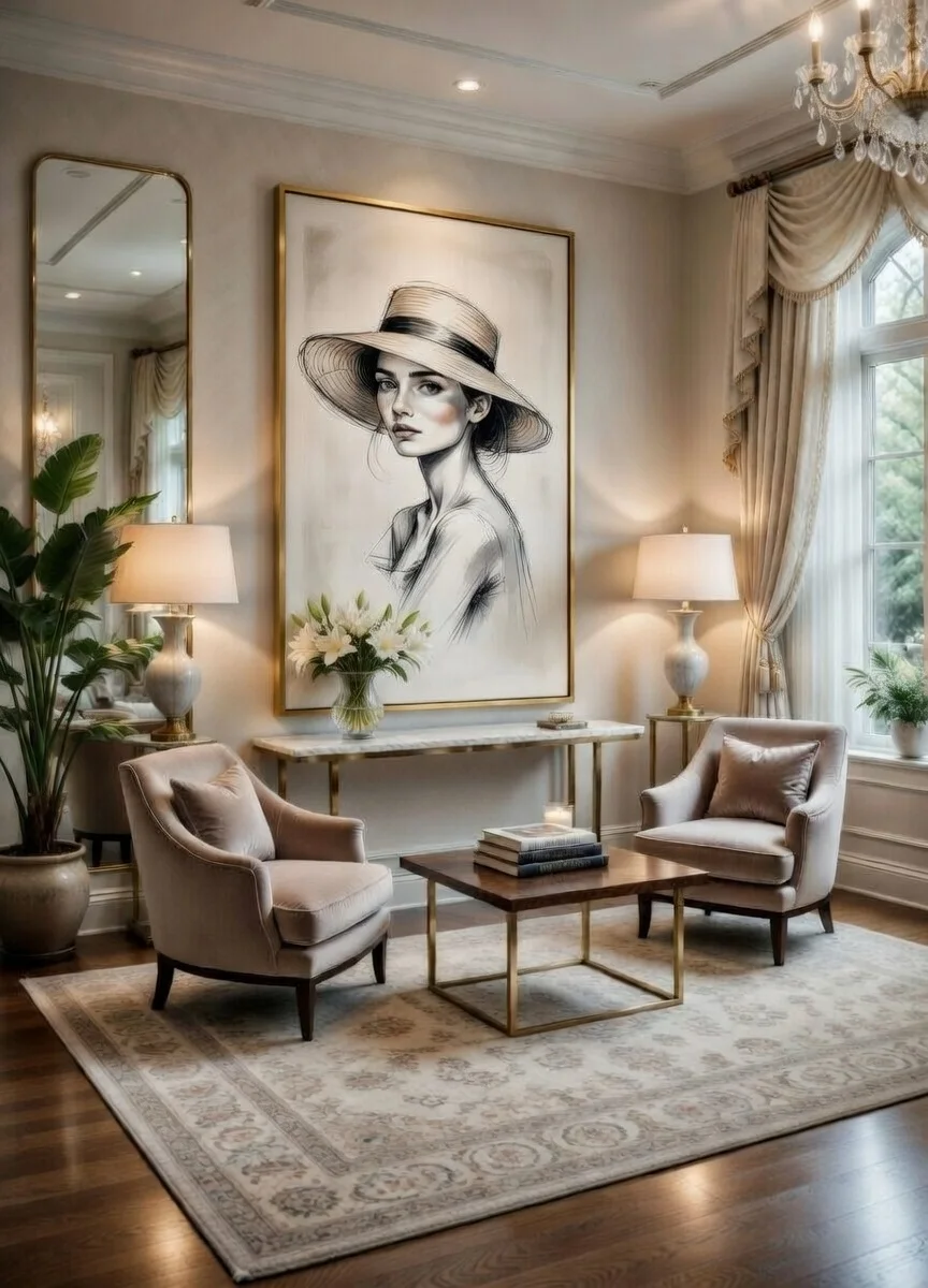 Tableau Canvas Femme au Chapeau Art Moderne Élégant Noir & Or