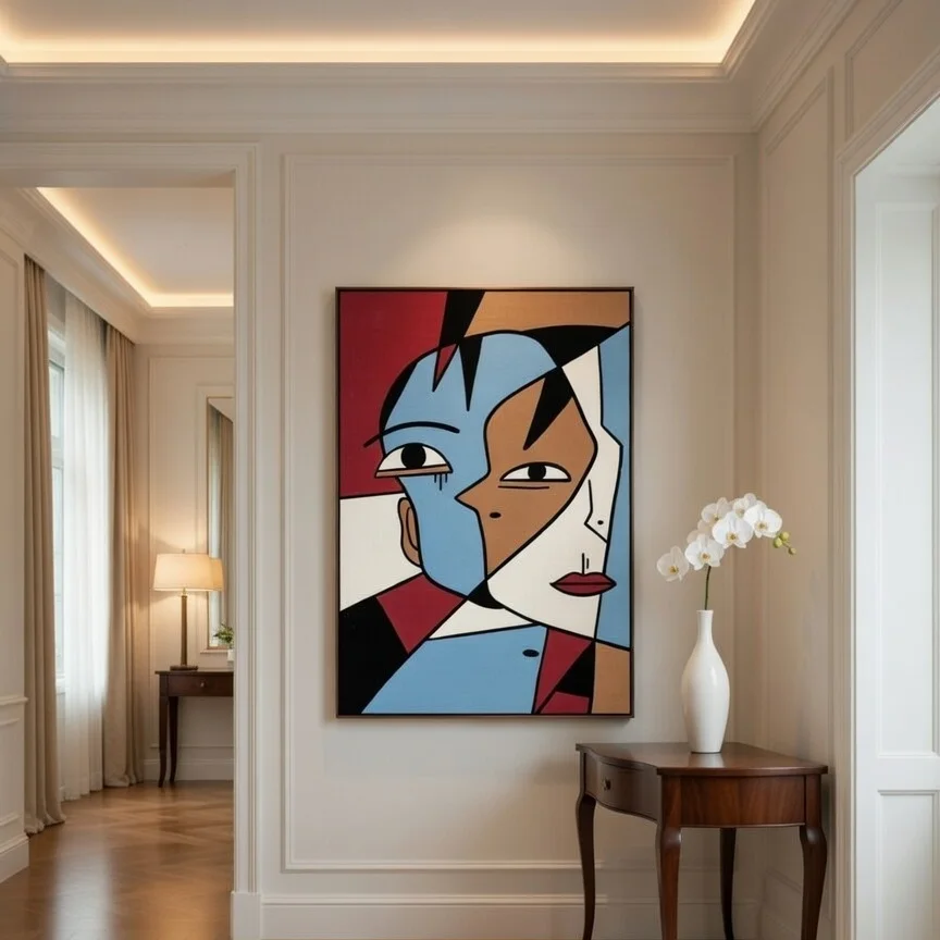Tableau visage cubiste bleu ciel et rouge, Portrait abstrait style Picasso.
