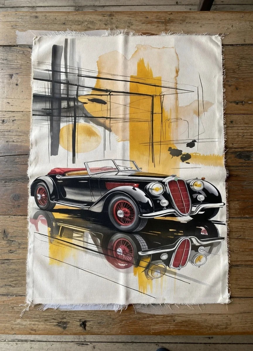 Tableau Canvas Cabriolet Vintage Noir Rouge Art Abstrait Or